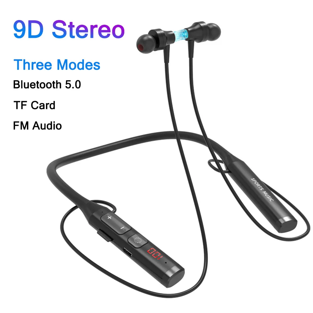 Wireless Headset Bluetooth 5.0 Earphone HiFi 9D Stereo Neck-Hanging Sport Headphone Support Bluetooth TF Card FM Audio Playback