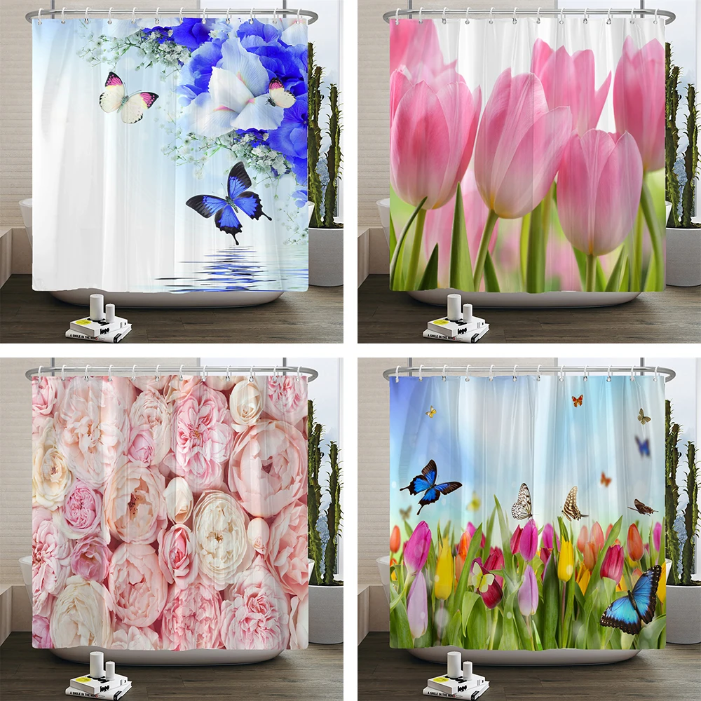 Floral Tulip Printing Flower Shower Curtain Waterproof Polyester Fabric Bathroom Curtain With Hooks 180x180cm Decorative Curtain