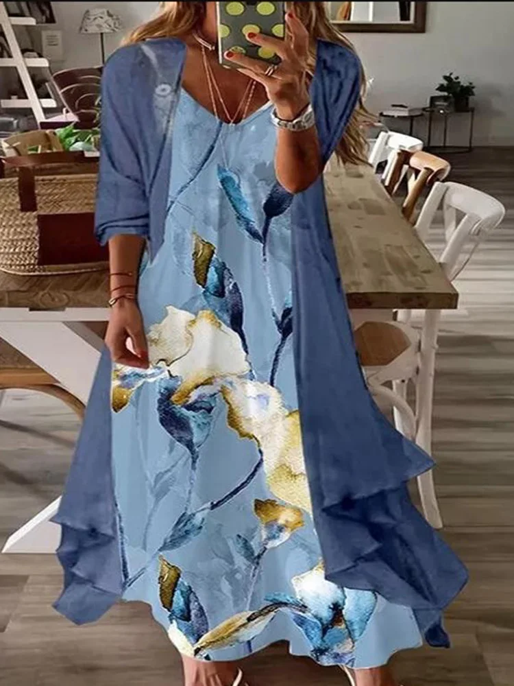 

2022 Women Fashion V-Neck Tops+Spaghetti Dress Spring Vintage Pattern Print Two Piece Sets Lady New Casual Long Sleeve Outfits