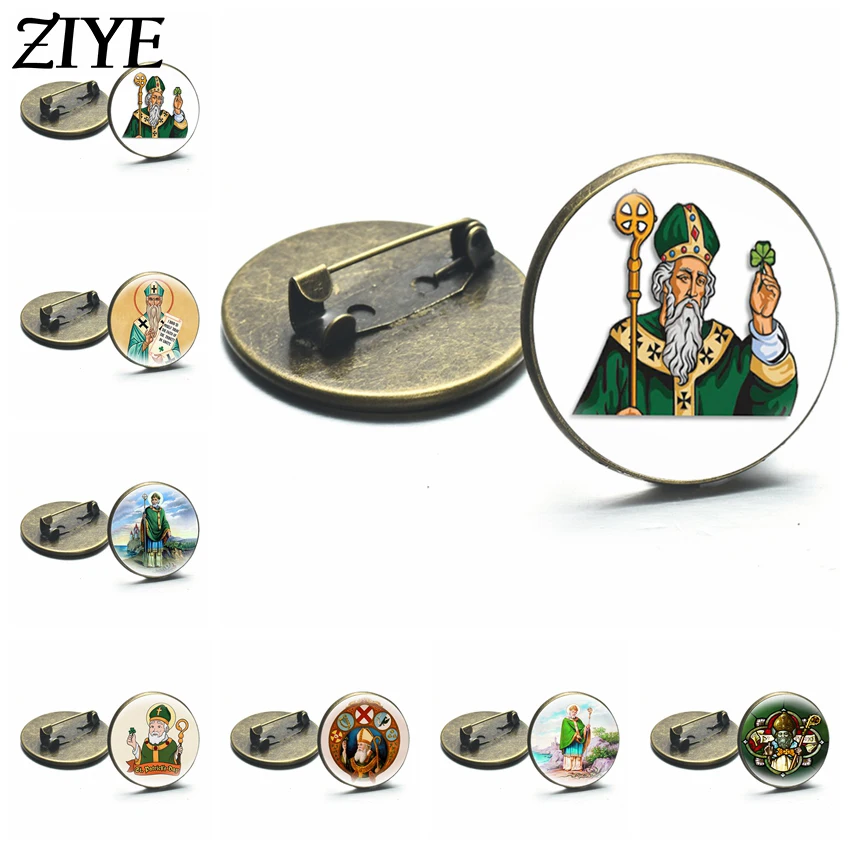 

Saint Patrick Brooch Badge Catholic Saint Round Lapel Pin for Bag Clothing Glass Cabochon Protection Religious Jewelry Wholesale