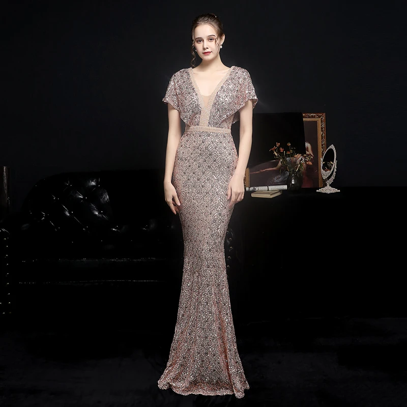 

Aoottii Women Gold Sequin Dress V Neck Beaded Party Maxi Dress Elegant Evening Dress 2022
