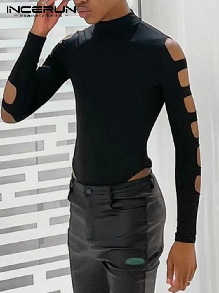Stylish Casual Men's Bodysuit INCERUN Long Sleeve Hollow Half Rompers Solid High Neck Homewear Elastic Knitting Jumpsuits S-5XL