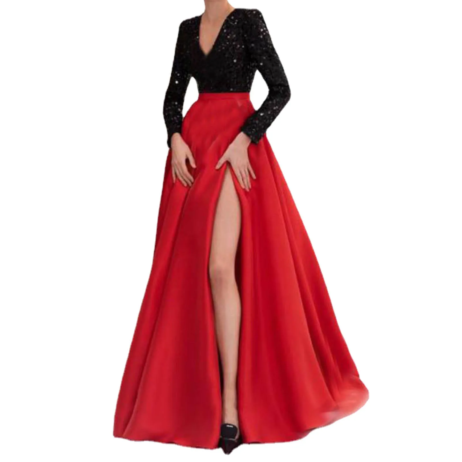 

Autumn And Winter Women's Sequined V Neck Long Sleeved Slit Dress Wedding Dress Simple Prom Dresses