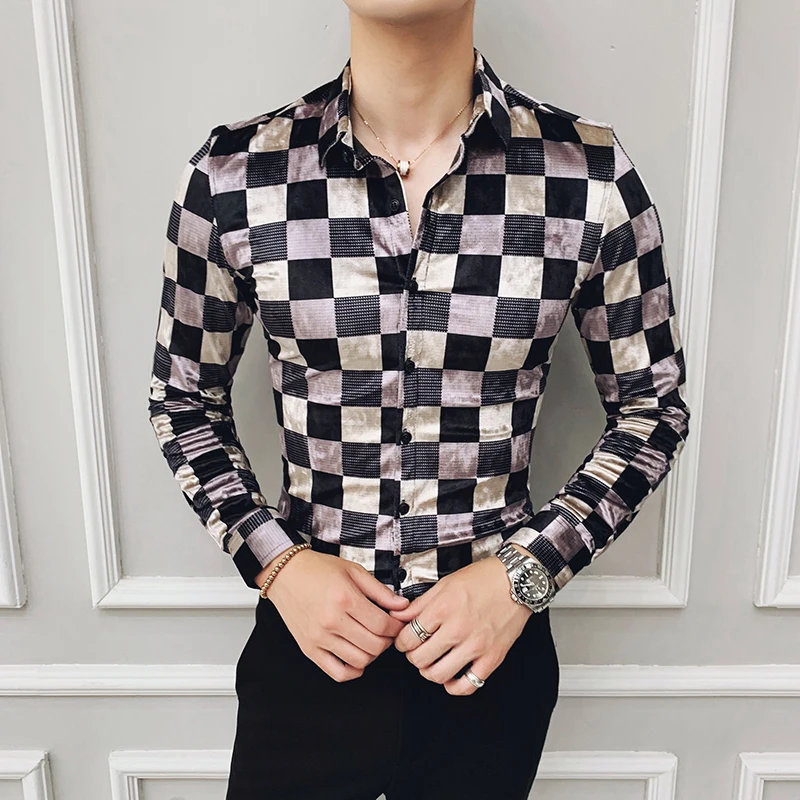 

2021 Black And White Plaid Men Shirt Long Sleeve Slim Fit Casua Shirts Velour Men Dress Business Social Shirts Chemise Homme