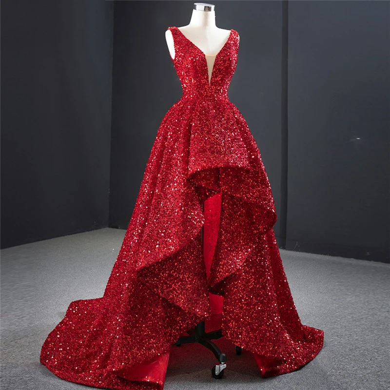 

GUXQD Red High Low Sequin Women Evening Dresses V Neck Cap Sleeve Bling Bling Prom Party Gowns Vestido De Festa abendkleider