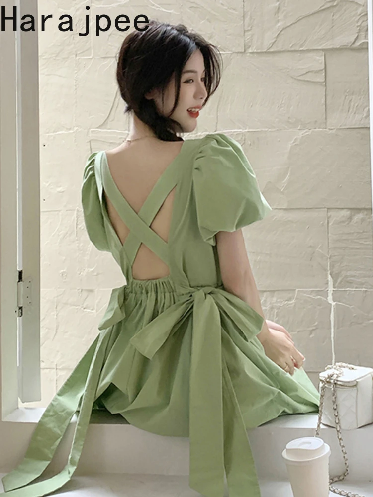 

Harajpee Bowknot Backless Dress Short Puff Sleeve Square Collar Slim Waist Korean Solid Sweet Fresh Women Dress Summer New 2022
