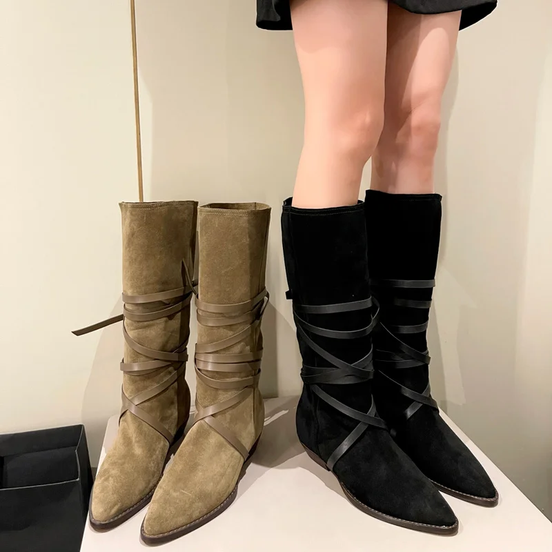 

Retro Flannel Women's Boots Spring Autumn Women Pointy Toe Knee High Boots Woman Cross Low-heeled Long Boots Runway Shoes Women