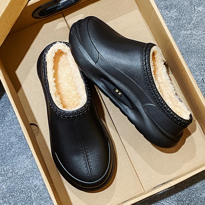 

Men's Kitchen Chef Shoes With Fur Slip On Waterproof Garden Clogs For Man Lightweight Keep Warm Cotton Slippers Plus Size 39-45