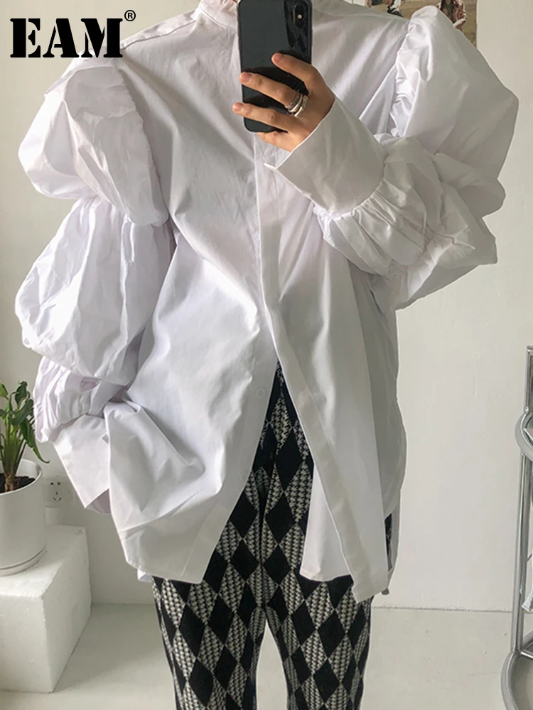 

[EAM] Women White Big Size Elegant Blouse New Stand Collar Long Puff Sleeve Loose Fit Shirt Fashion Spring Autumn 2023 1K36600