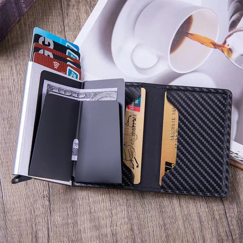 Фото Держатель для Карт Rfid из углеродного волокна, мужские кошельки, сумка для денег, кошелек для монет на молнии, маленькие кожаные тонкие мини-кошельки, мужской кошелек №3