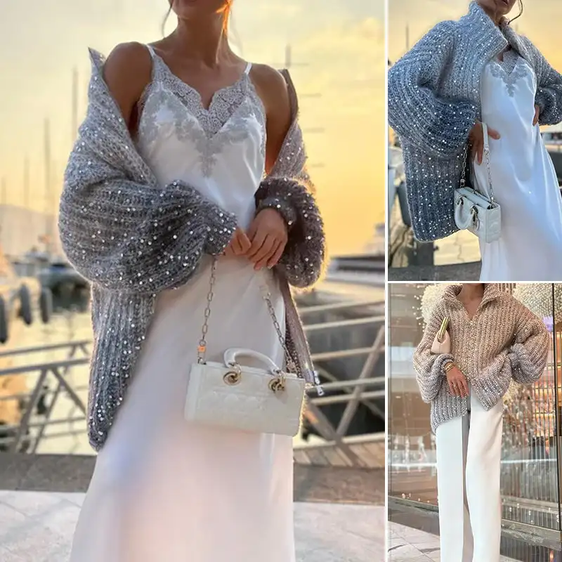 Женский вязаный свитер с однотонными блестками крючком кардиган свитера топы