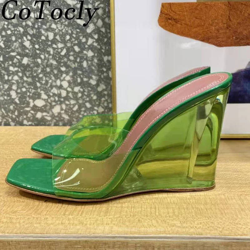 

Sexy Wedge Heels Slippers Women Clear PVC Mules Square Peep Toe Slides Summer Party Shoes Woman High Heels Slippers Woman