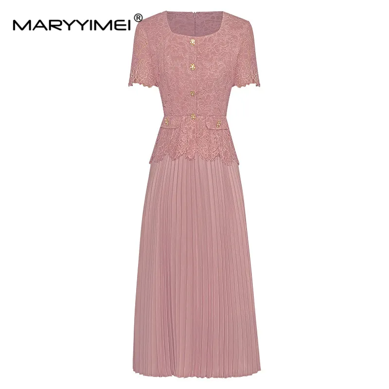 

MARYYIMEI Fashion designer Summer Women's dress Square Collar Short sleeve Button Lace Ruffles Patchwork Pleated Elegant Dresses