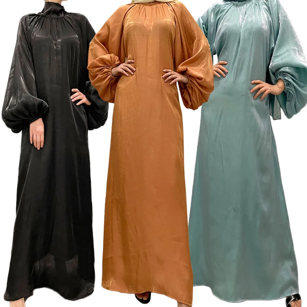 Мусульманские, исламские женщины атласное платье Hijab Арабская абайя Дубай с пышными рукавами воротник-стойка с лентой Eid Mubarak турецкие плать...