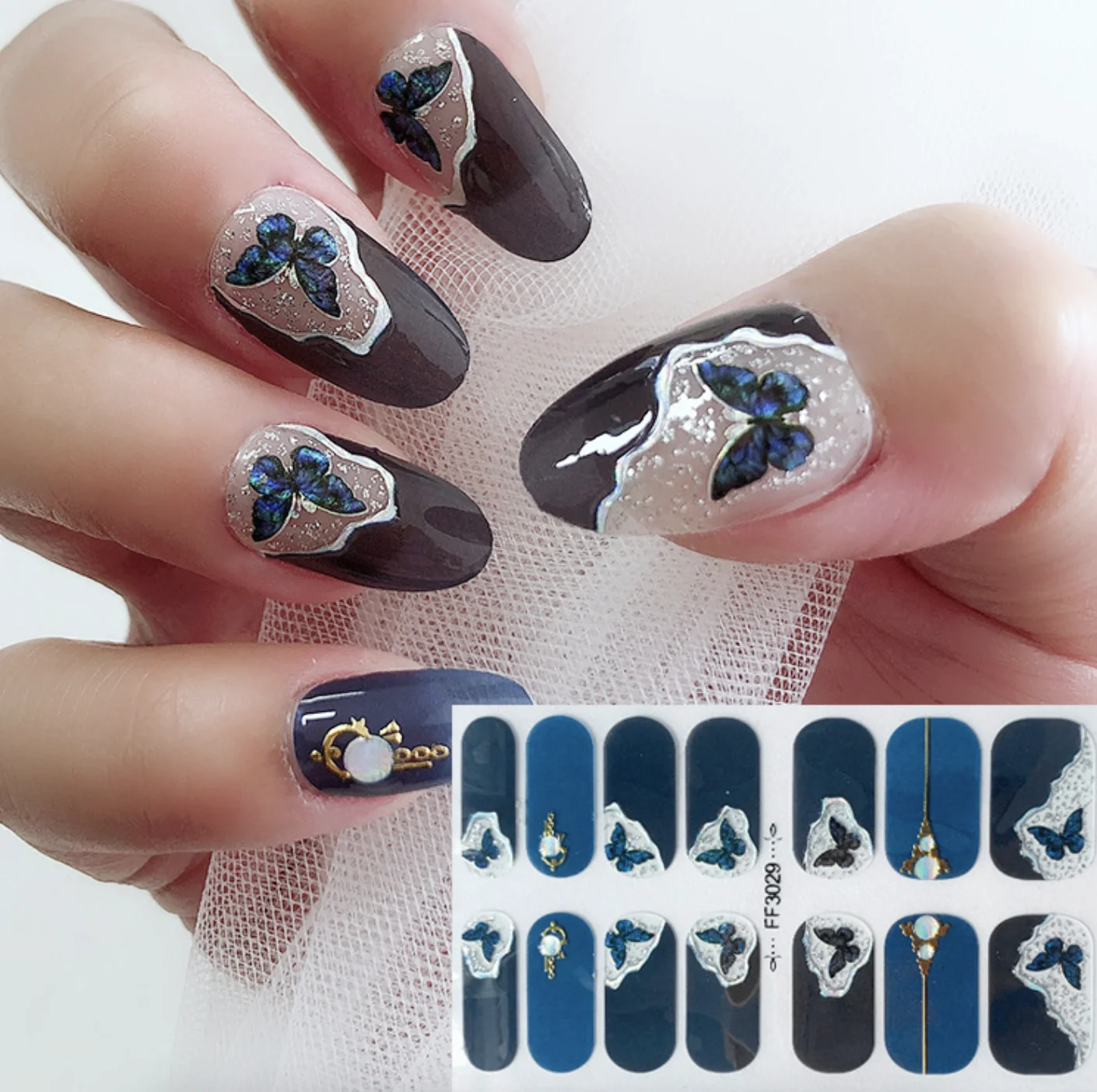 3D Laser Press On Nails Stickers for Nails Nails Parts Nail Art Decorations Manicure Nails Art Full Cover Adhesive Stickers Set