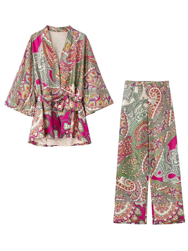 

Women's Printed Kimono Style Outer New Fashion Lace Up Chic Vintage Blouse + Female Loose Printed Trousers Two Piece set
