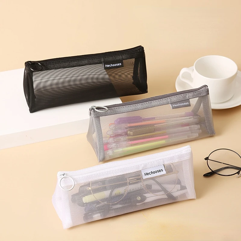 

Simple Transparent Mesh Pencil Bag Stationery Student Exam Bag Large Capacity School Case Zipper Pencil Pouch School Supplies