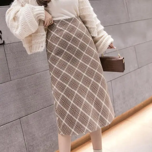 

Autumn Winter Office OL Women Knee Length High Waist Elegant Slim Wrap Hip Plaid A-line Sexy Vantage ThickenTweed Skirts B14