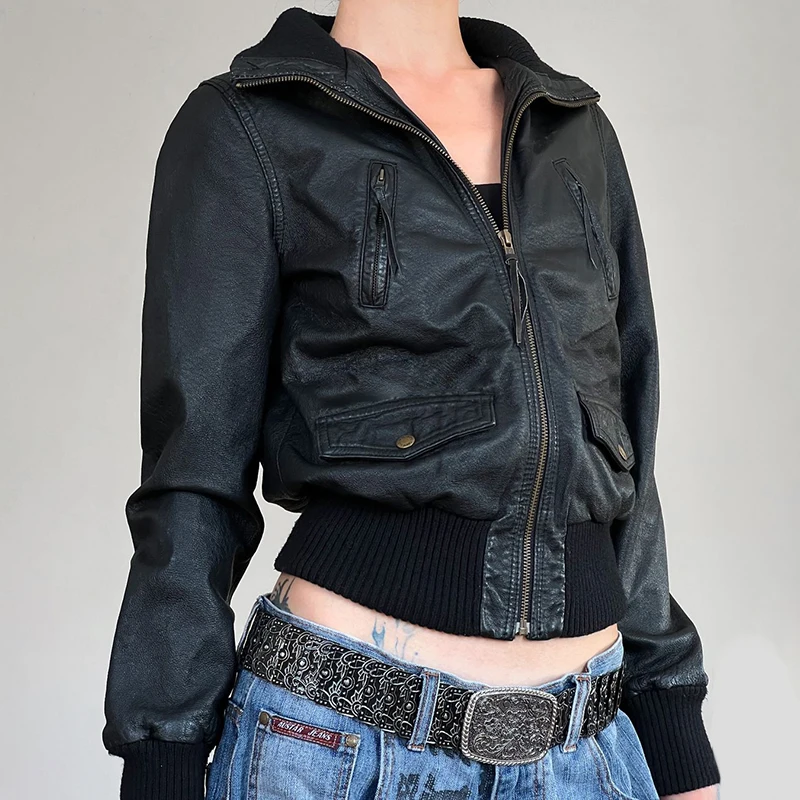 HEYounGIRL водолазка из искусственной кожи на молнии пальто в стиле панк High Street черная