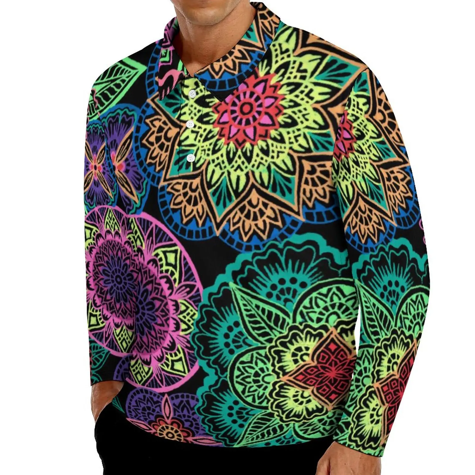 

Повседневная рубашка-поло с неоновым принтом мандалы, Цветные Цветочные футболки, рубашка с длинным рукавом и графическим рисунком, Осенни...