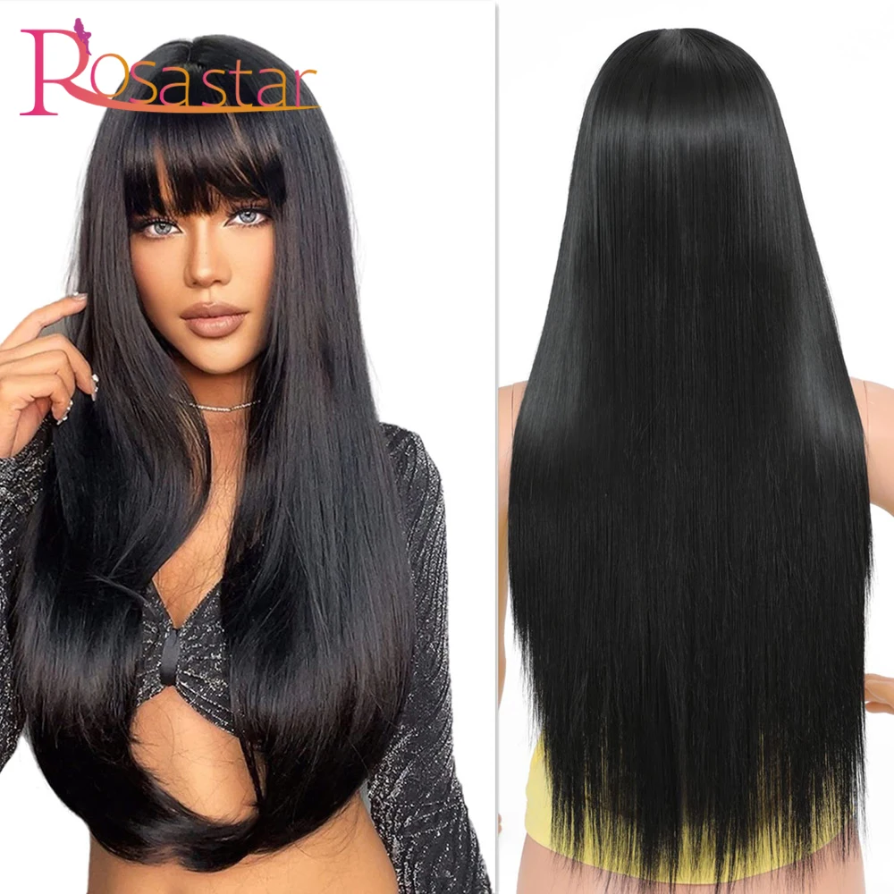 Rosa Star Long Synthetic Wigs With Bangs For Women Black Heat Resistant Fiber Cosplay Costume Wig 11 Color