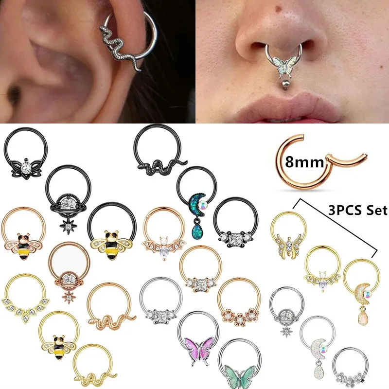 

New 3PCS Daith Clicker Hoops Set Cartilage Piercing Earring Helix Hoop Bulk Septum Nose Ring Hoop Lot Tragus Hoop Rook Earrings