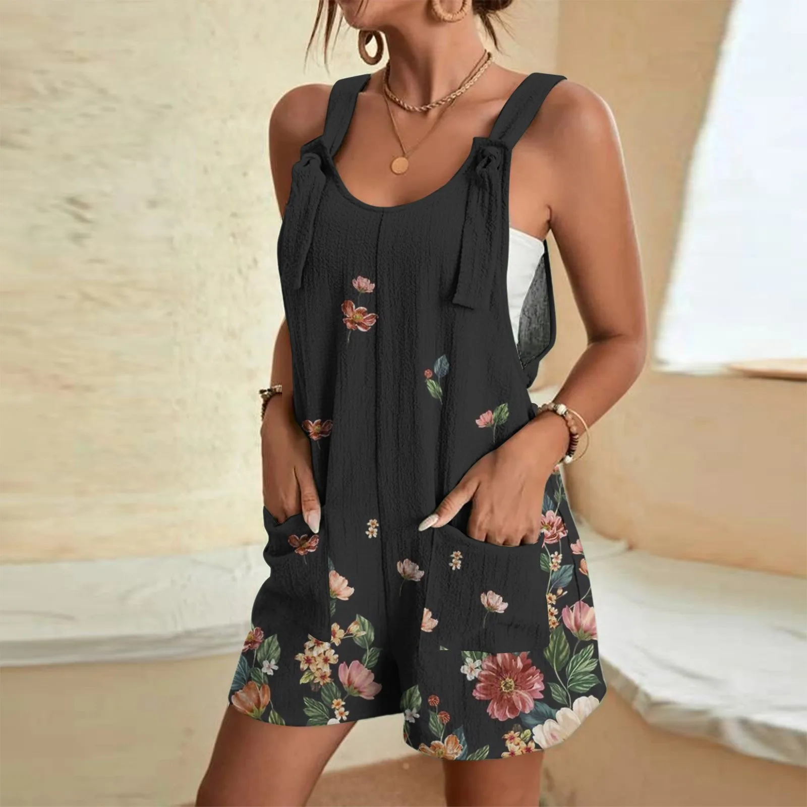 

Комбинезон женский короткий с карманами, повседневный свободный Ромпер на бретелях, без рукавов, с запахом, на лето