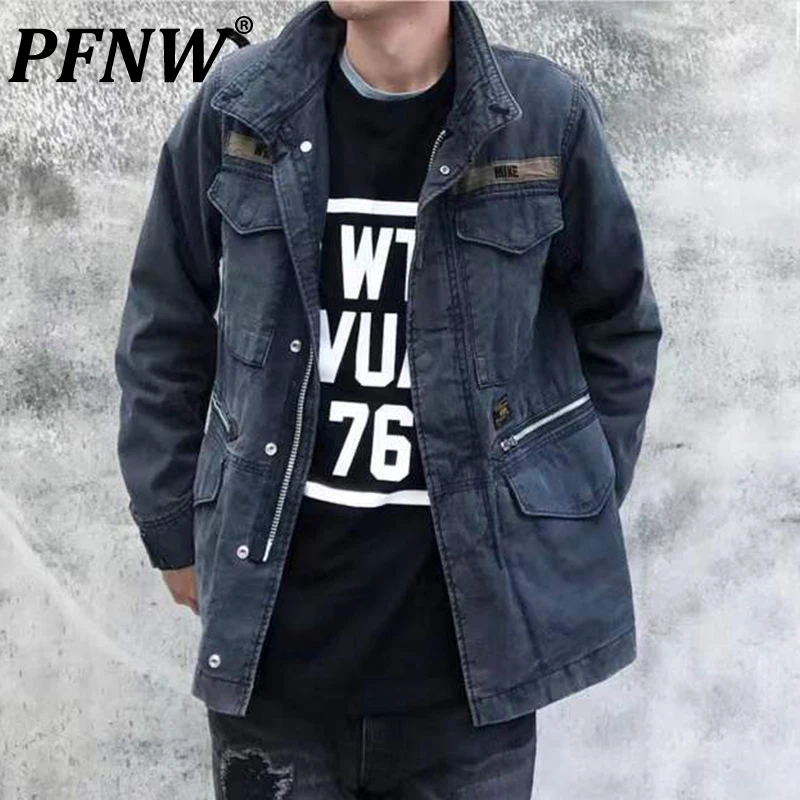 

PFNW Autumn Winter Men's Tide Print Vintage Single Breasted Jackets Fashion Zippers Pockets Design Casual Streetwear Top 12A7509