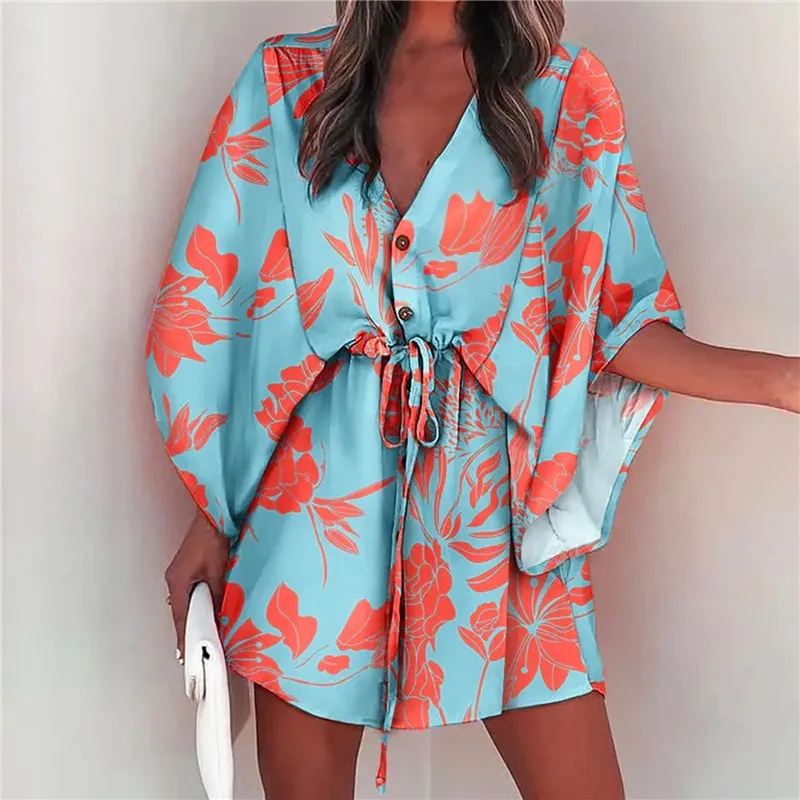 

Casual Boho Beach Vacation Mini Dress Women Summer Print Lace Up Button Batwing Sleeve Dresses For Female Loose Female Robe