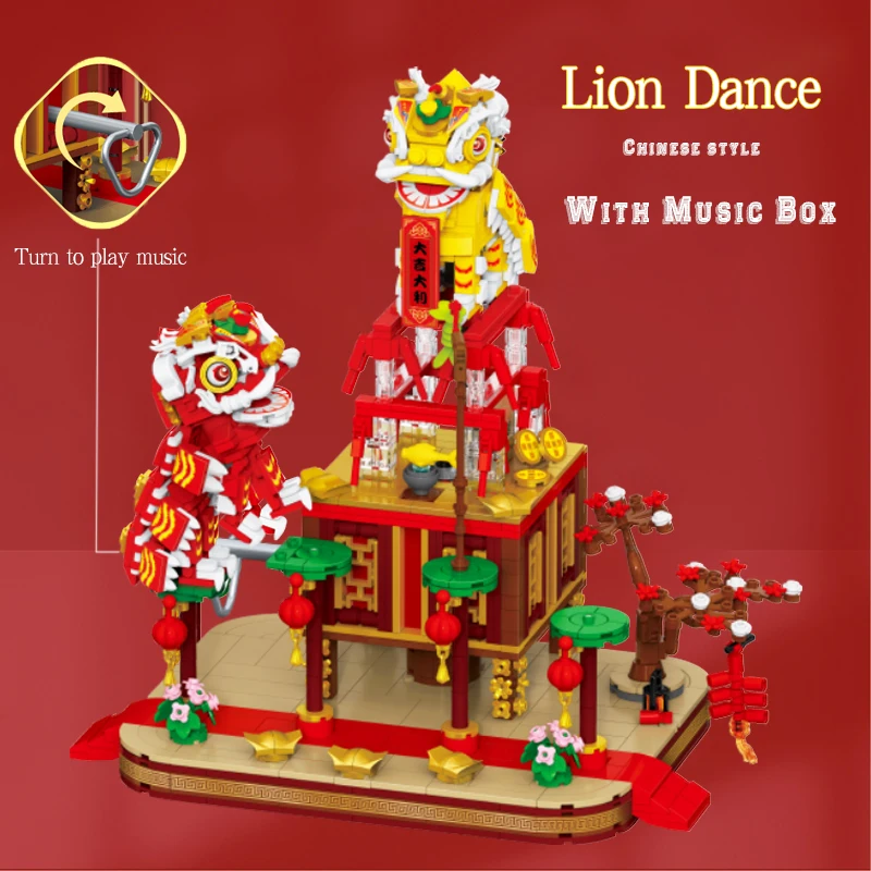 

1325PCS Lion Dance Building Blocks Chinese Dragon Dance Music Box Chinese Traditional Culture 3D Micro Bricks Toys For Kids Gift
