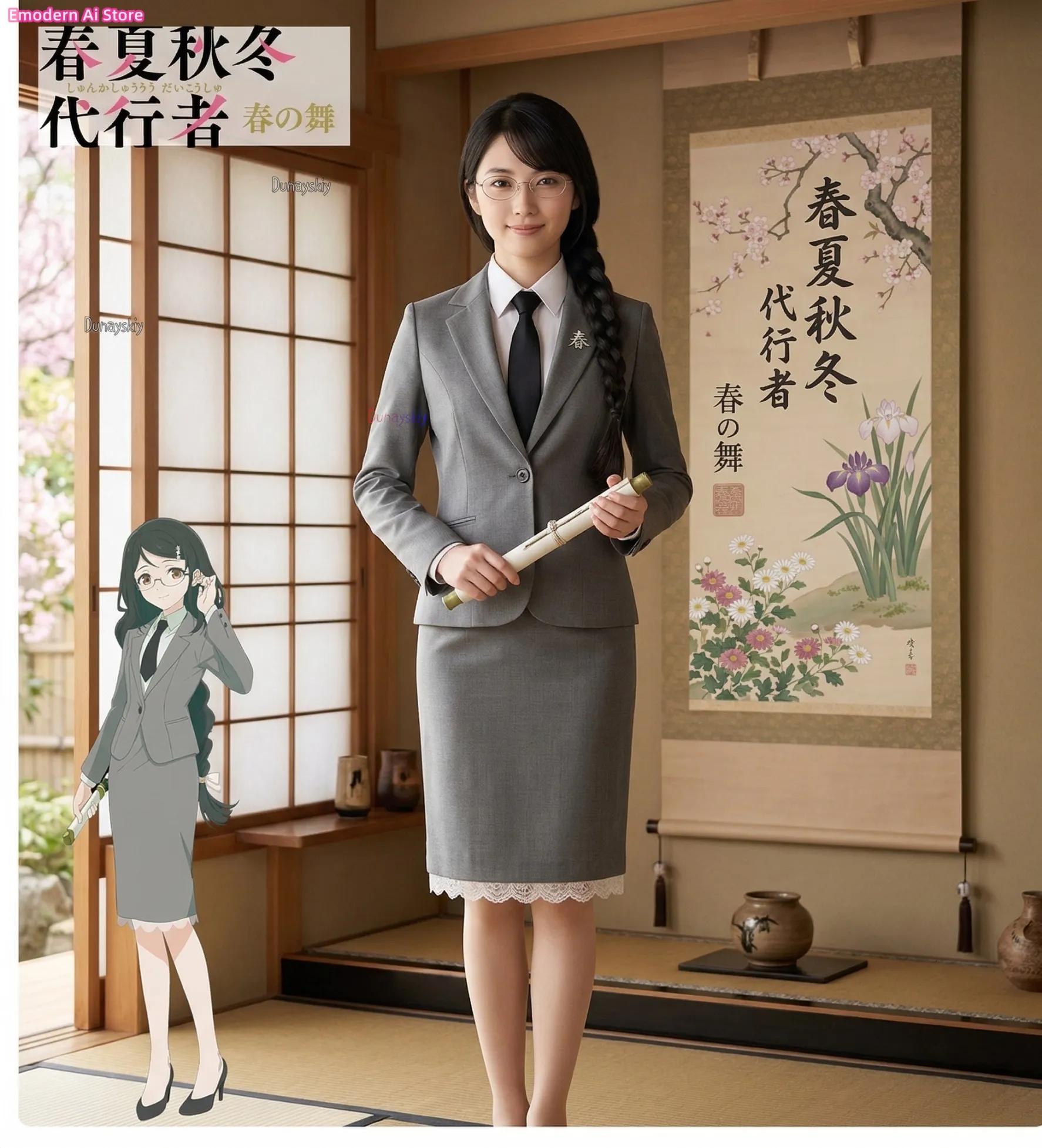 Фото Костюм для косплея по аниме Shunka Shuto Daikousha Haru no Mai Kano Hana: серый деловой костюм с юбкой, комплект для Хэллоуина, НОВЫЙ СТИЛЬ №2