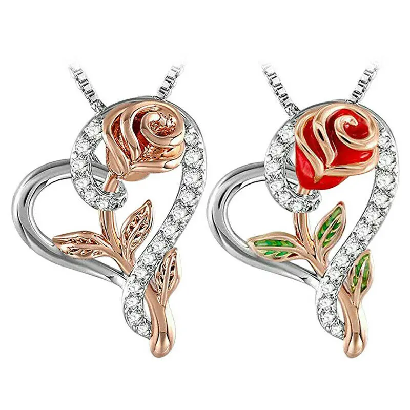 

Women Clavicle Chain Sweet Love Heart Rose Inlaid Diamond Necklace Accessories