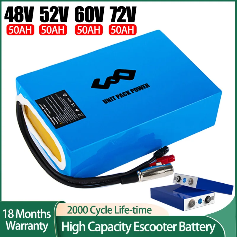 Escooter Battery 52V 50Ah 60V 50Ah 72V 50Ah 48V Battery Pack for 1000W 1500W 2000W 3000W 5000W Electric Bicycle Ebike Battery