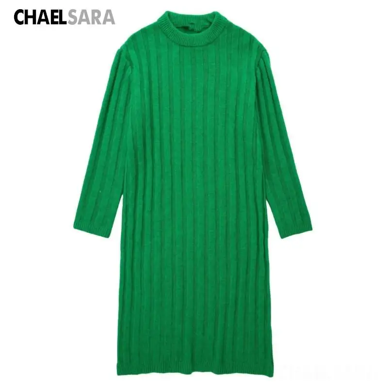

2023 женское теплое зеленое осеннее элегантное винтажное простое платье средней длины с круглым вырезом и длинным рукавом Vestidos
