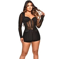 zabrina sexy sheer mesh two 2 piece set short sets lady suit summer women square collar zipper long sleeve crop tops and pants