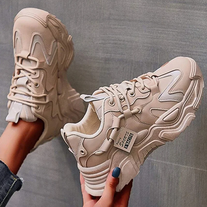 Women Platform Increase High Sneakers Outdoor Breathable Mesh Leisure Non-slip Spring Autumn New Woman Shoes Lace-up Shoes