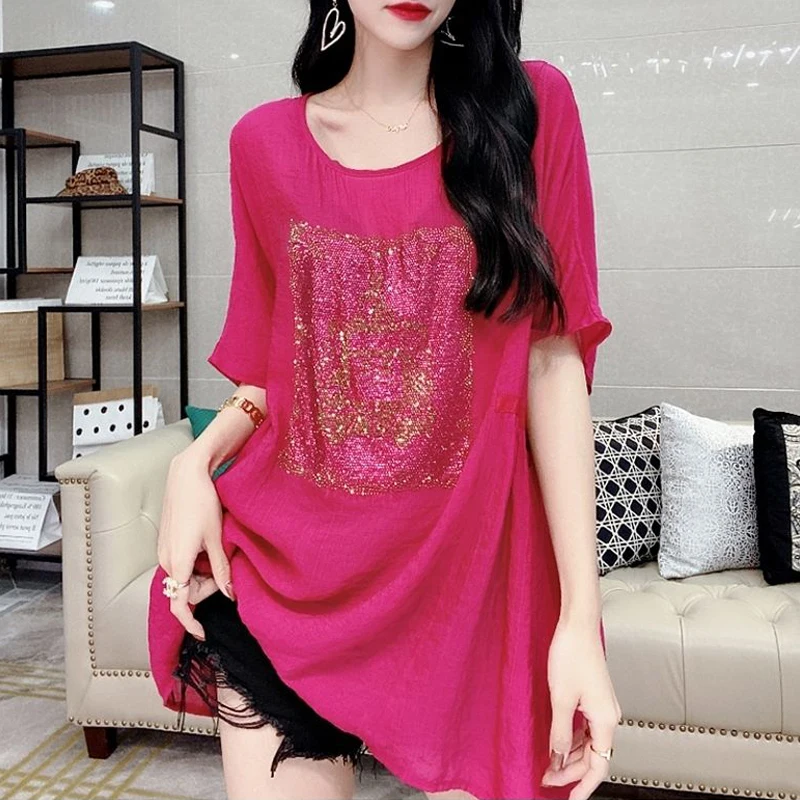 Женская одежда 2023 летняя уличная со стразами хлопковая льняная блузка модная