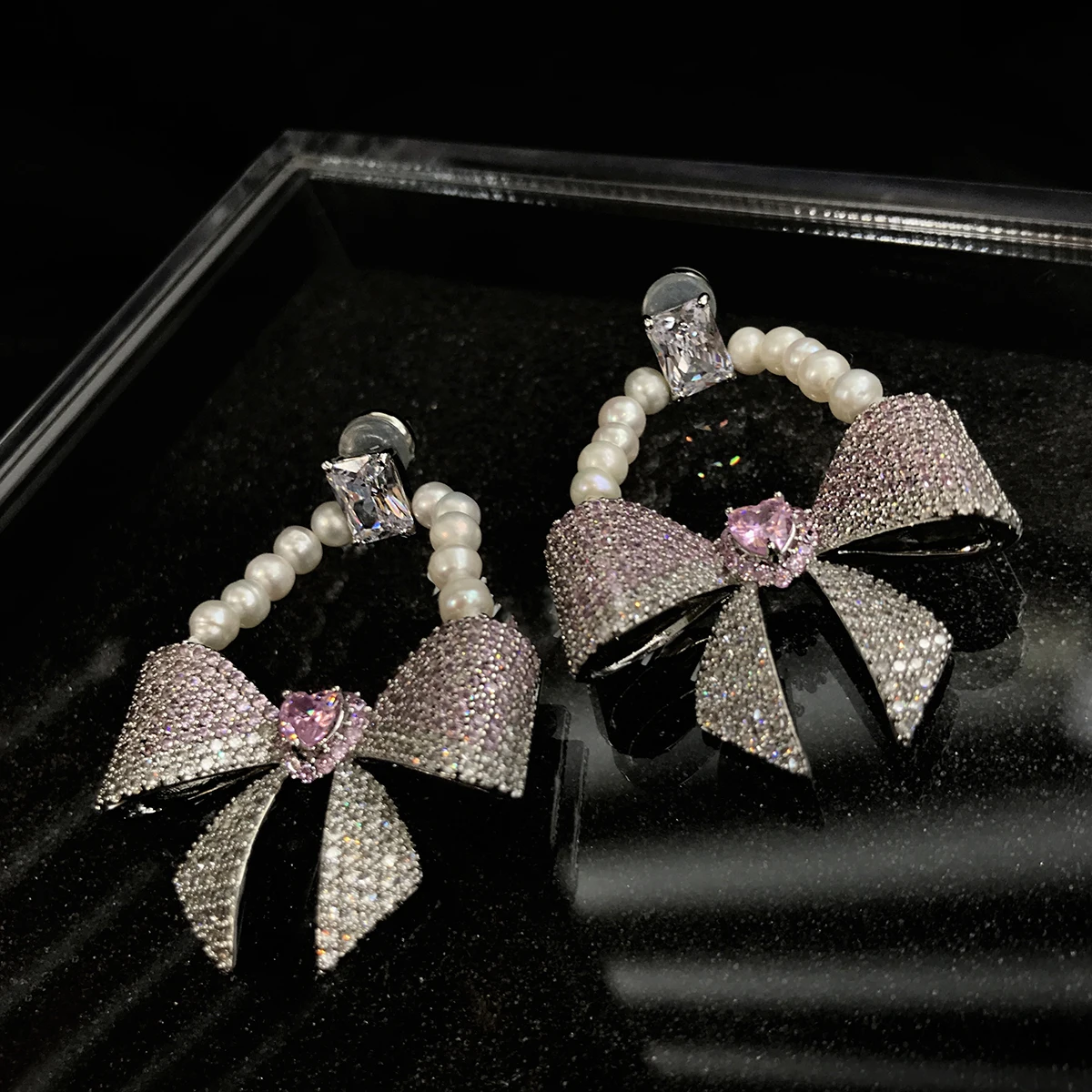 

Romantic Gradually Varied Pink Love Gem Bow Pearl Earrings Temperament 925 Silver Earrings Women