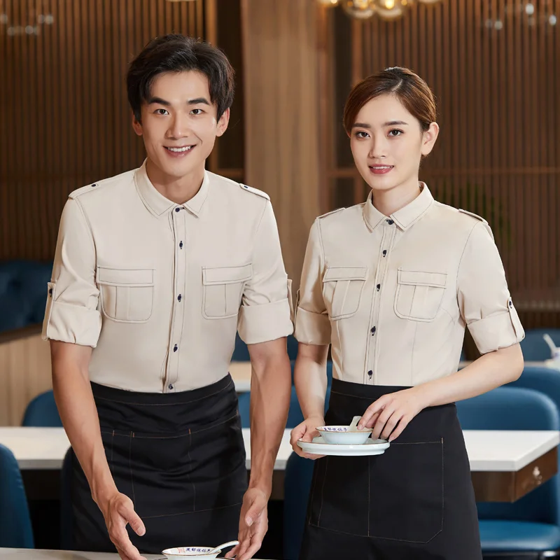 

2023 Hotel Waiter Overalls Female Long Sleeve Work Shirt+Apron Set Catering Shop Waitress Uniform With Apron Hotpot Workwear