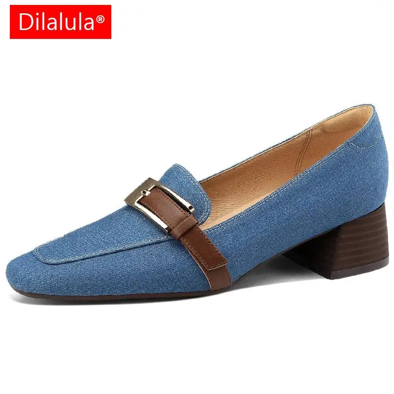 

Dilalula 2023 Women Pumps Thick Heels Office Ladies Casual Mixed Colors Genuine Leather Metal Buckle Shoes Woman Spring Summer