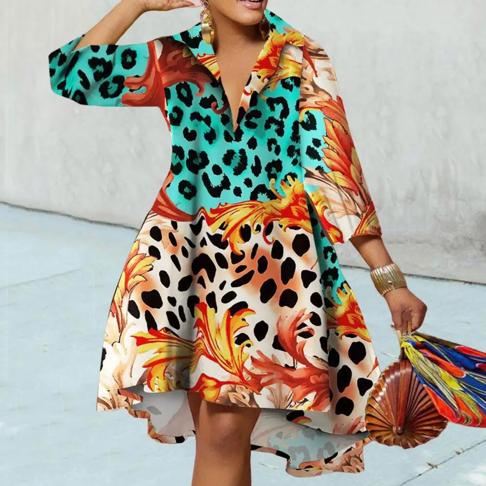 

Spring Dress Good Craftsmanship Lapel Collar Printing Loose Breathable Polyester Long Sleeve Large Hemline Shirt Dress Women