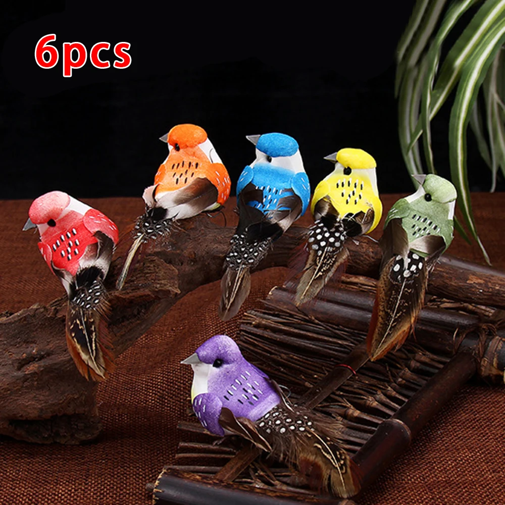 

Decoration Crafts Figurines Simulation Birds Miniatures Xmas Tree Perched Woodland Fake Feather Home Garden Wedding Ornament 6pc