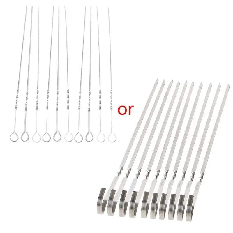 

Stainless Steel Flat Skewers 10 Pcs BBQ Barbecue Grilling Reusable for meat Shrimp Chicken Vegetable Sausage Make Dropship