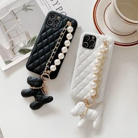 luxurious lambskin pearl bracelet dog charm phone case for iphone 13 12 11 pro x xs xr max se 2020 shockproof shell