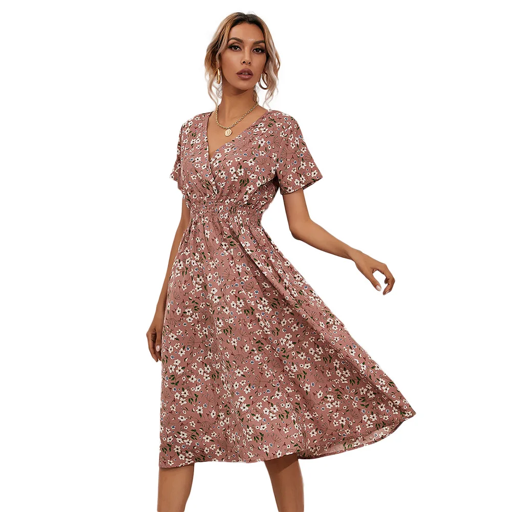 

Women Summer V-neck Short Sleeve Empire Waist A-Line Dress Sundress Vestido Robes Elegant Printed Casual Beach Midi Dresses