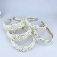 handmade lace knitted pearl hairbands white broad sweet rhinestone headband women non slip fabric all match hair accessories