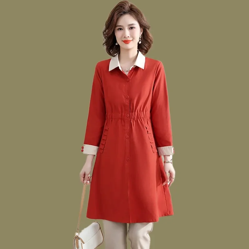 Spring Autumn New Jacket Women's Fashion POLO Windbreaker Large Size Coat Slim The Long Outwear Waist-Closed Ladies Overcoat Top