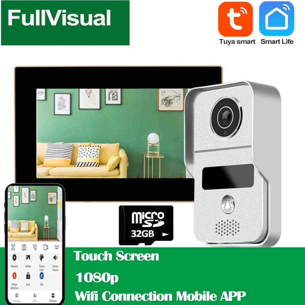 Fullvisual 7 Inch 1080P Touch Screen Wifi Video Intercom For Home Wireless Tuya Smart Door Phone Doorbell with Camera Record