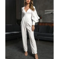 women jumpsuits summer solid slim pleated stitching jumpsuits women sexy puff sleeve v neck high waist pocket straight jumpsuits