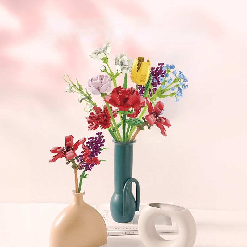 

3D Building Block Bouquet Model Toys Home Decoration Plant Potted Tulips Baby's Breath Roses Daisies Sunflowers Assembly Gifts